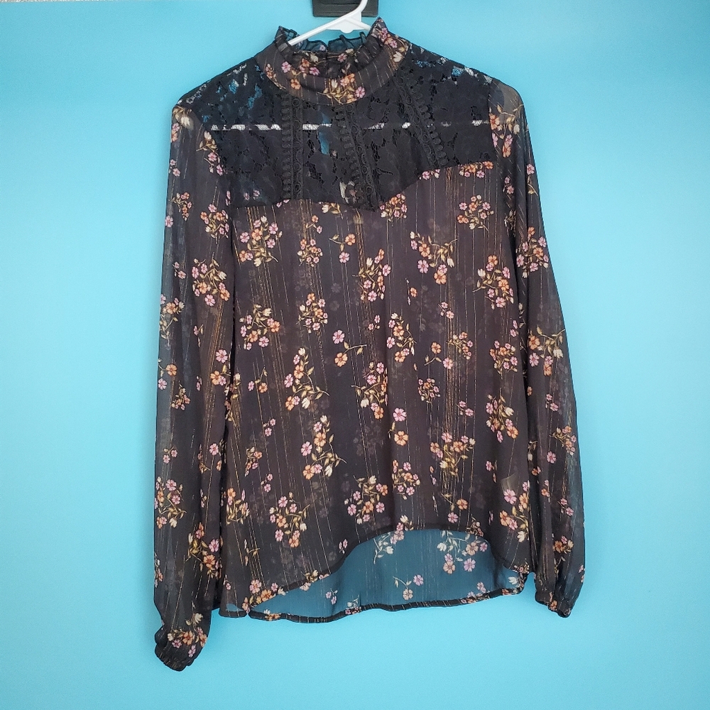 Belle Du Jour Blouse Size Small Black Floral Sheer